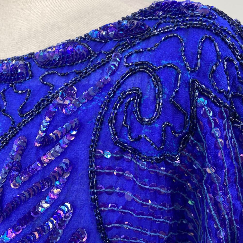 Vintage 80s Beaded Silk Top Short Sleeve Boatneck Pullover Sequins Blue Womens L - Picture 6 of 10